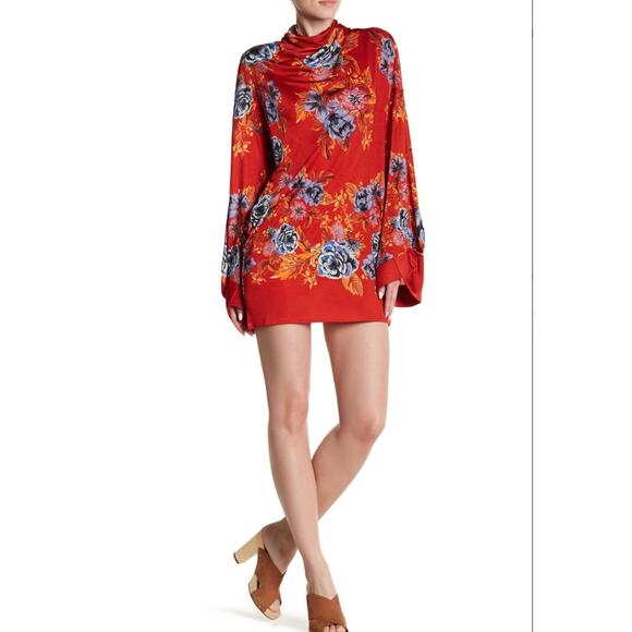 New Free People 2 AM Mini Dress Mock Neck  $168 SMALL Red  Floral Open-Back - Picture 3 of 5